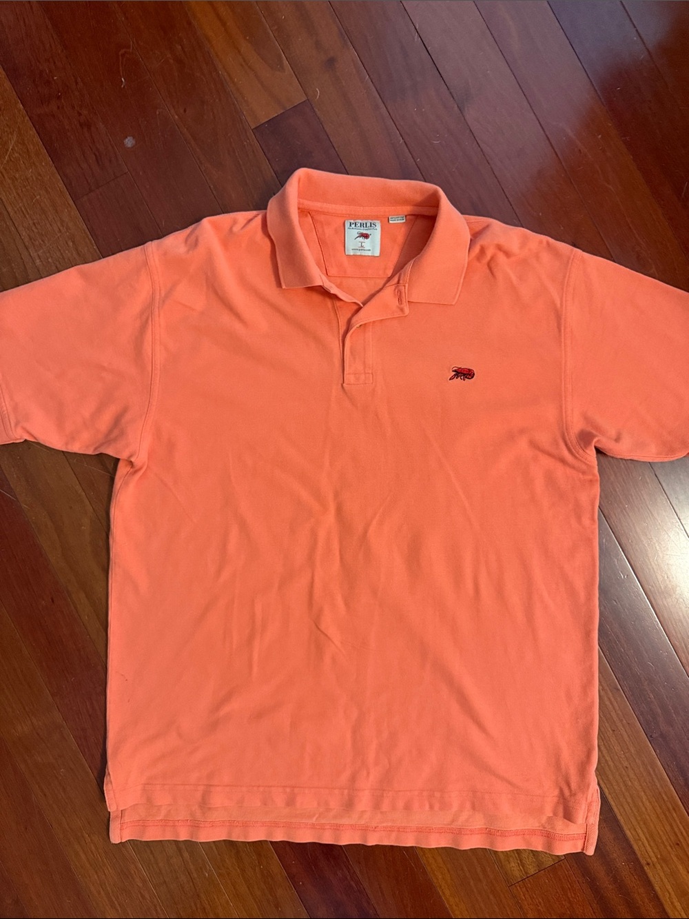 Perlis Men's Polo Shirt Orange with red crawfish logo 100% Cotton Size Large